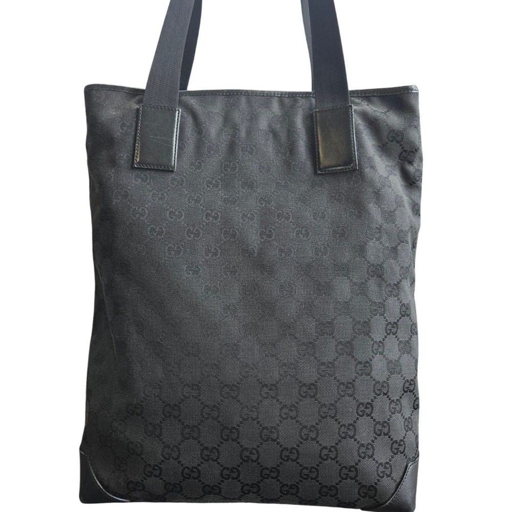 Gucci GG Monogram Canvas Tote Bag Black Leather Trim Shoulder Bag Made in Italy - Picture 3 of 12